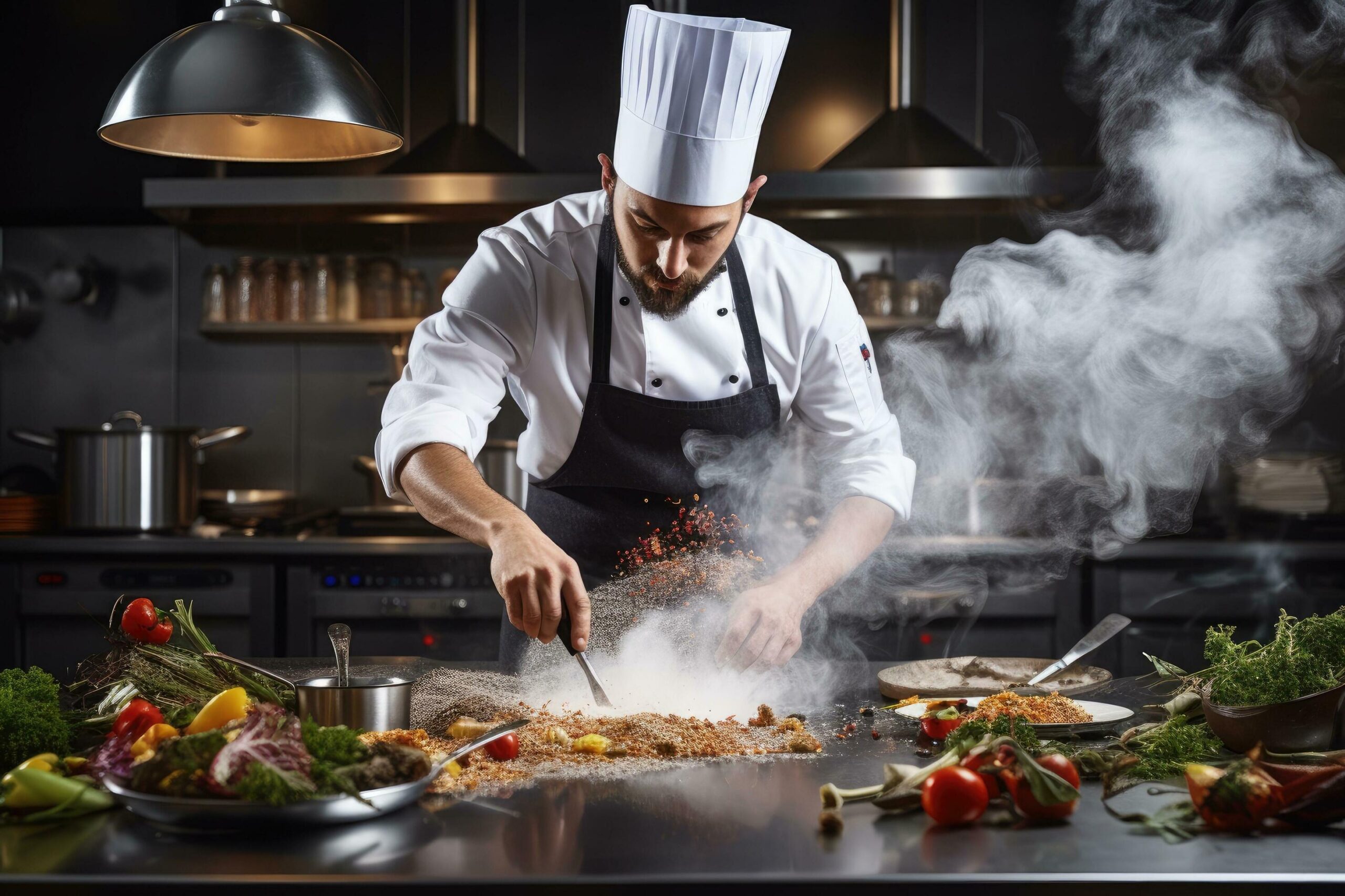 Chef plating food in a restaurant kitchen